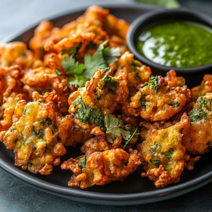 Pakora Recipe (Indian Vegetable Fritters) __A plate of golden, crispy vegetable pakoras, served with green mint chutney and tamarind sauce on the side_ __Ingredients_ _- 1 cup chickpea flour (besan) _- 1_2 teaspoon.webp